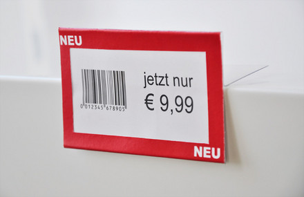 Einlegeschild und Einlegeschiene für den Regalboden